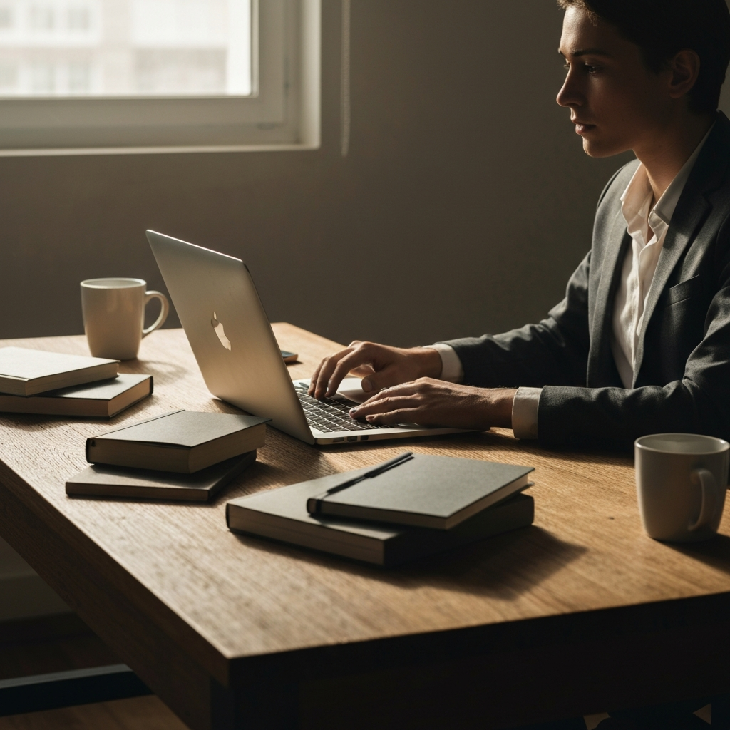 A person sitting at a desk with a laptop, surrounded by books and notebooks. Soft, natural light streams in from a window, highlighting the texture of the wooden desk. A mug of coffee sits nearby, creating a warm, inviting atmosphere.
