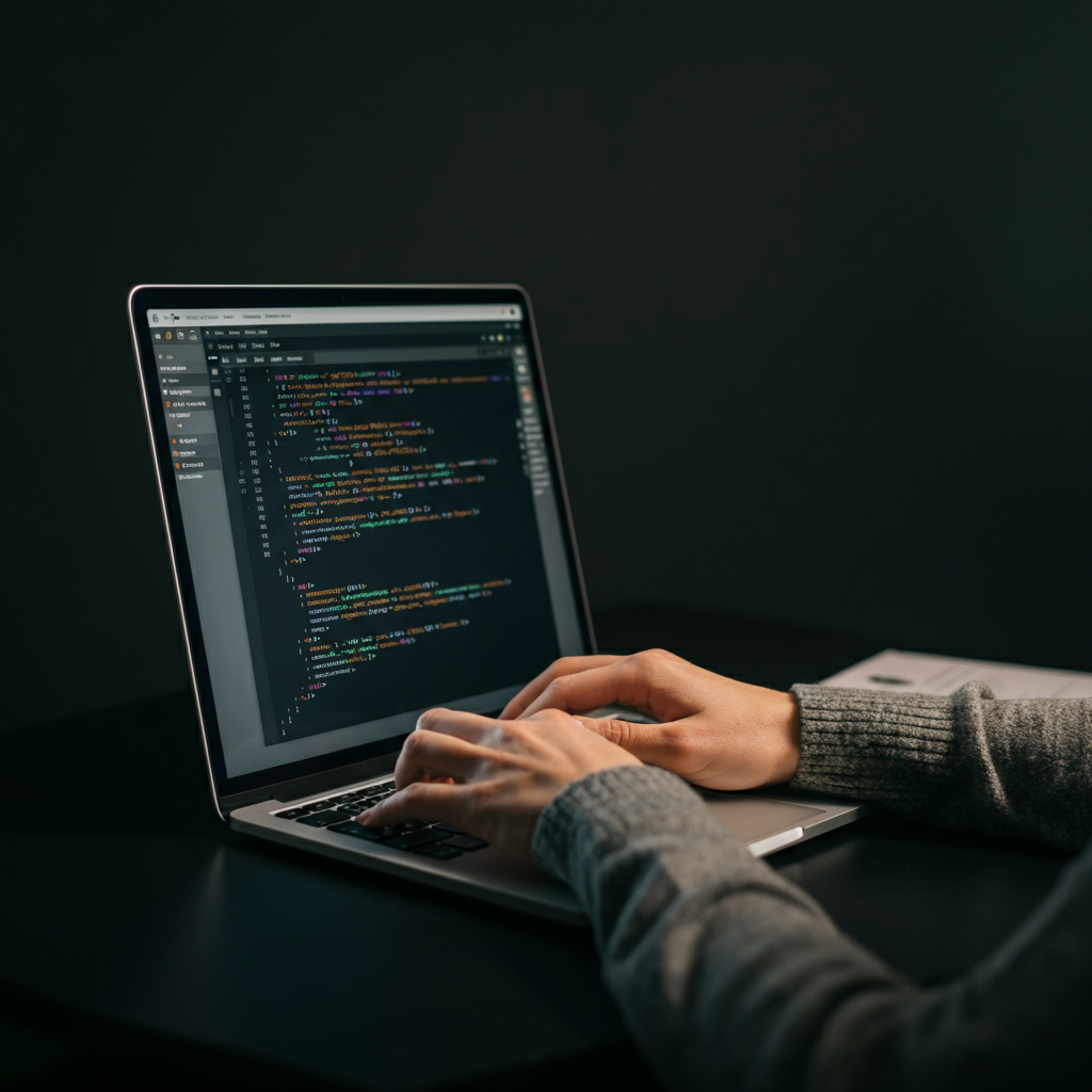 A person working on a laptop, showcasing code on one half of the screen and a website or application running on the other. The light is balanced, providing a clear view of both the code and the visual output. A sense of accomplishment is subtly conveyed through posture and expression.