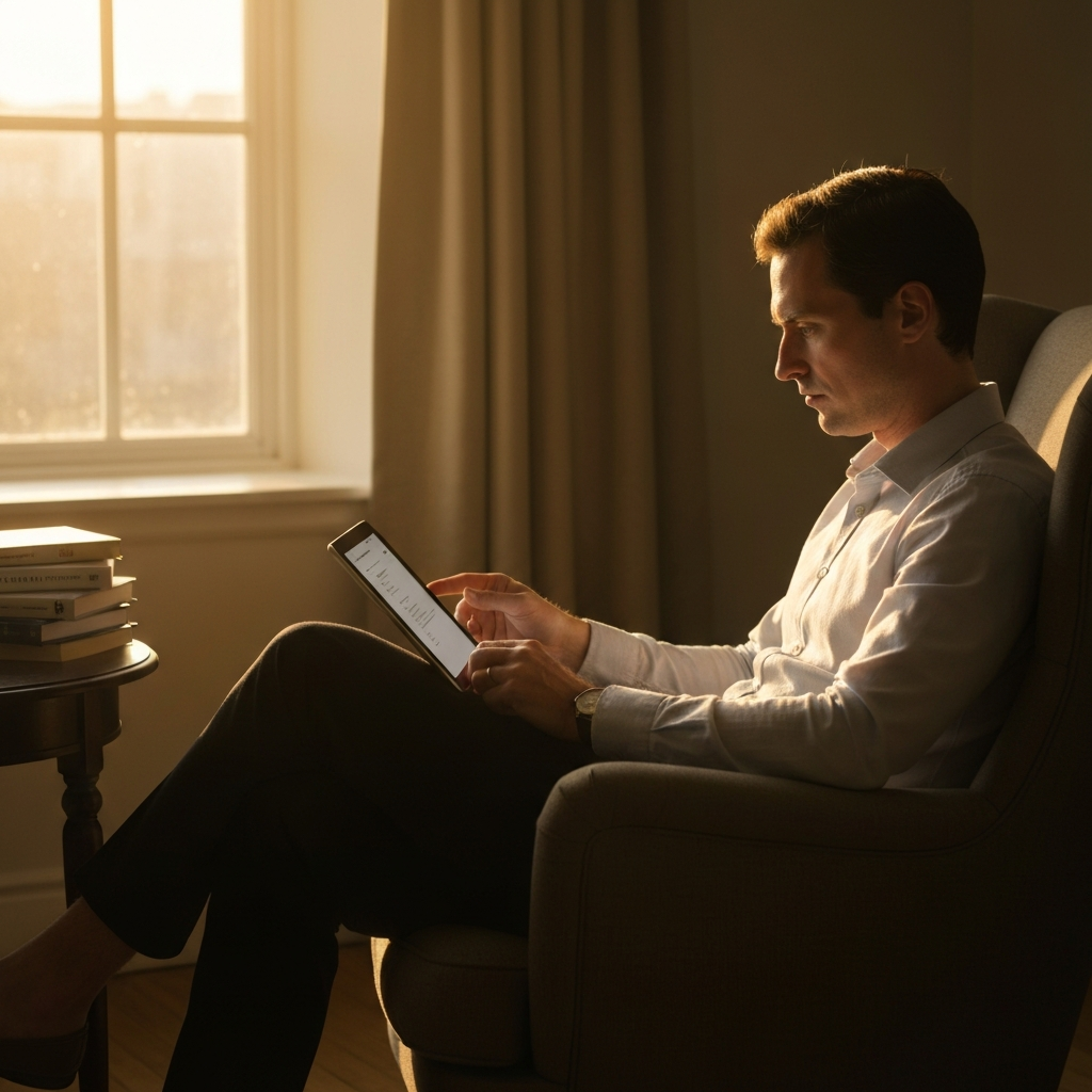 A person sitting comfortably in an armchair, reading a tech blog on a tablet. Soft golden hour lighting streams through a nearby window, creating a warm and inviting atmosphere. A stack of tech books rests on a side table, subtly suggesting a commitment to continuous learning.