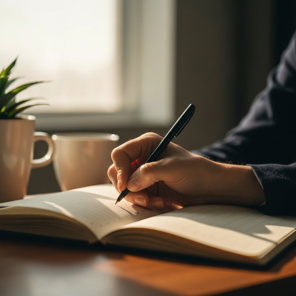 Close-up of a hand writing in a journal with soft, warm morning light illuminating the page. A coffee mug and a small plant are subtly blurred in the background, creating a comforting atmosphere.