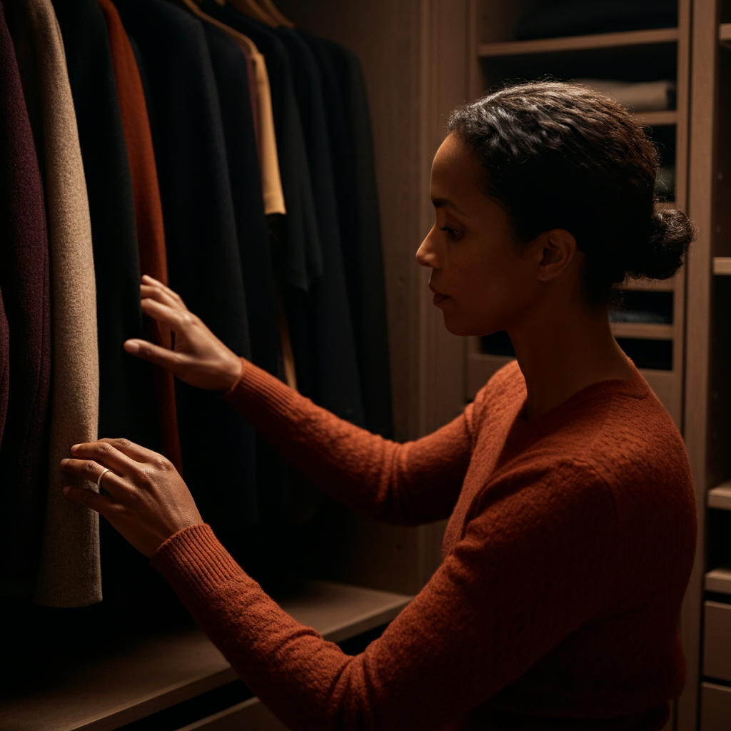 A person thoughtfully browsing through a well-organized closet, touching different fabrics and considering various outfit combinations. The lighting is soft and diffused, emphasizing the textures and colors of the clothing.