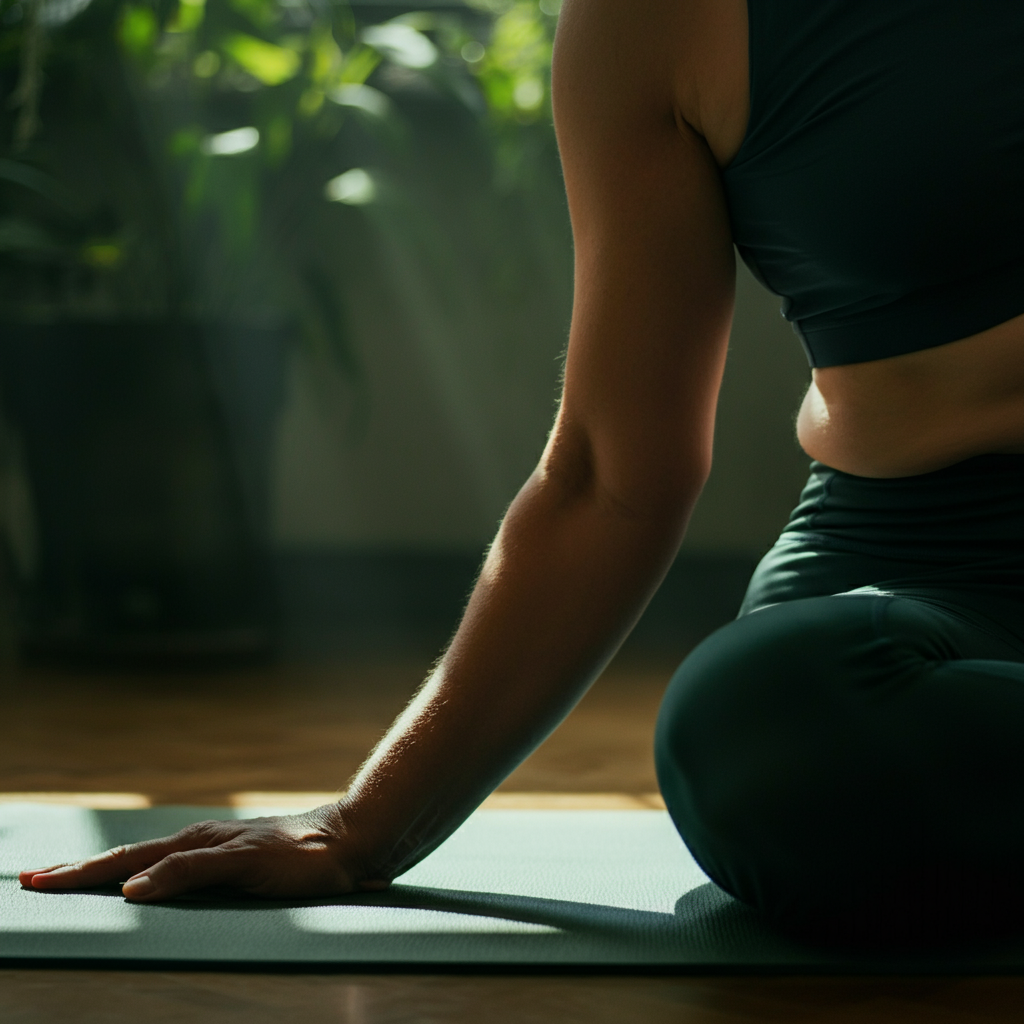 A person practicing yoga in a serene and minimalist room. Soft, diffused light streams through the window, creating a calming atmosphere. Green plants are visible in the background.