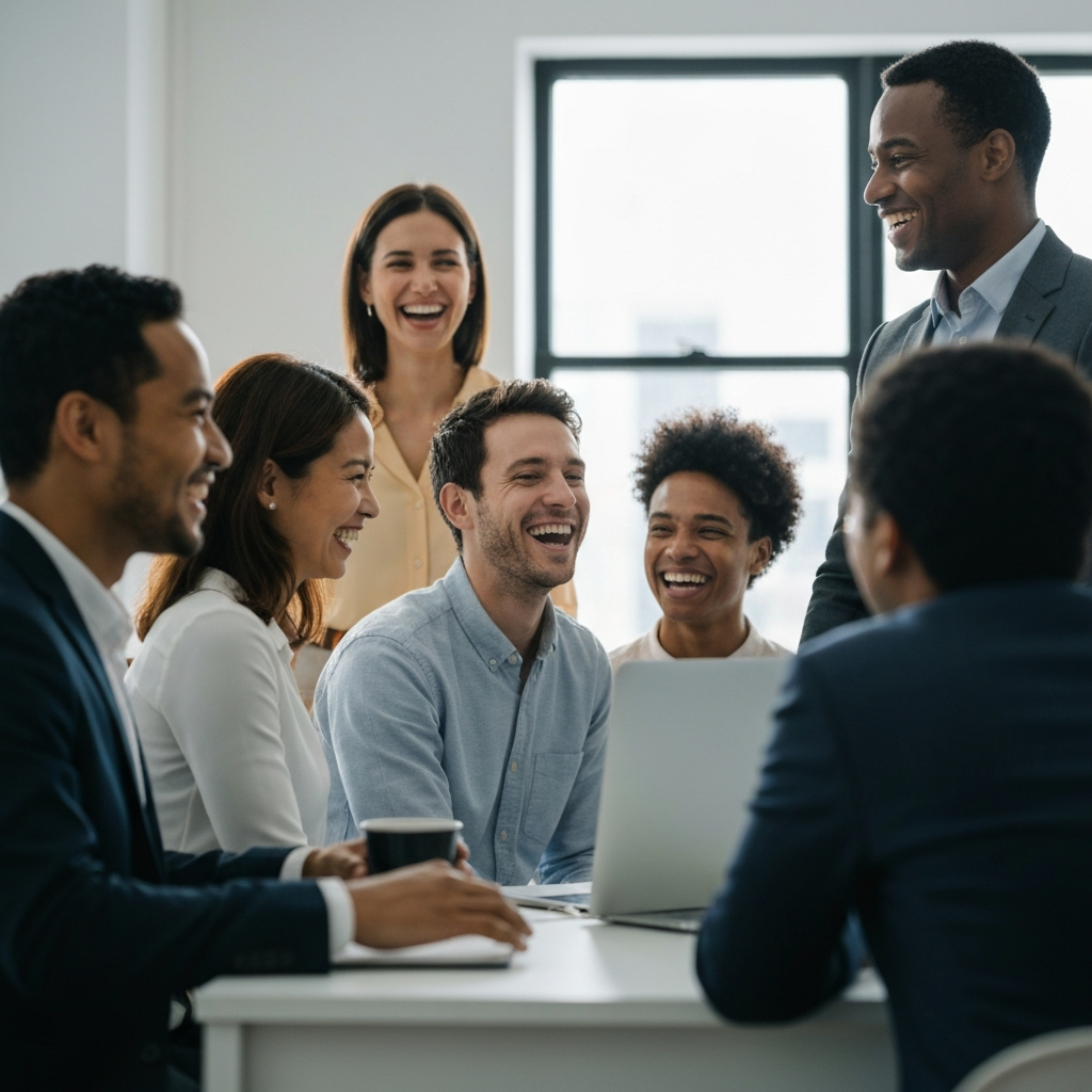 A group of diverse people laughing and supporting each other in a bright, modern office space. The atmosphere is collaborative and encouraging, with natural light flooding the room.