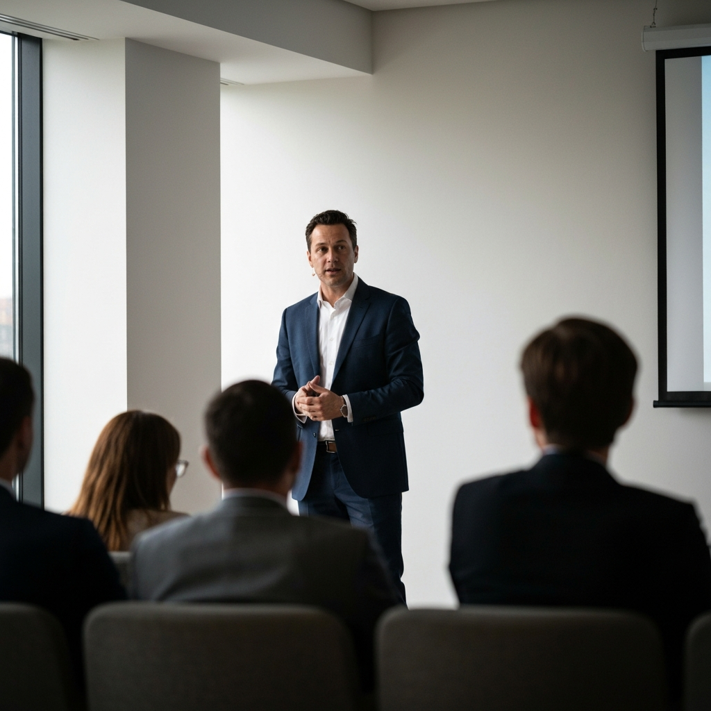 A person confidently presenting on stage during a professional conference. The lighting is focused on the speaker, with a slightly blurred audience in the background.