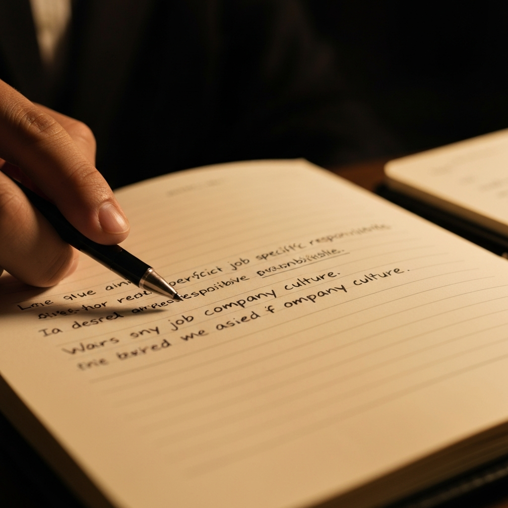 A close-up shot of a notebook with handwritten notes detailing specific job responsibilities and desired company culture. The lighting is warm and inviting, focused on the texture of the paper and the ink.