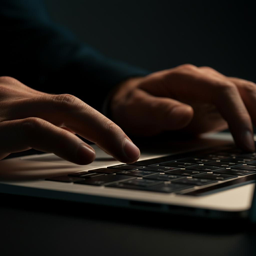 A close-up of a hand carefully typing on a laptop, focusing on the keys and the focused expression on the hand's owner. The lighting is warm and inviting, suggesting dedication and attention to detail. 