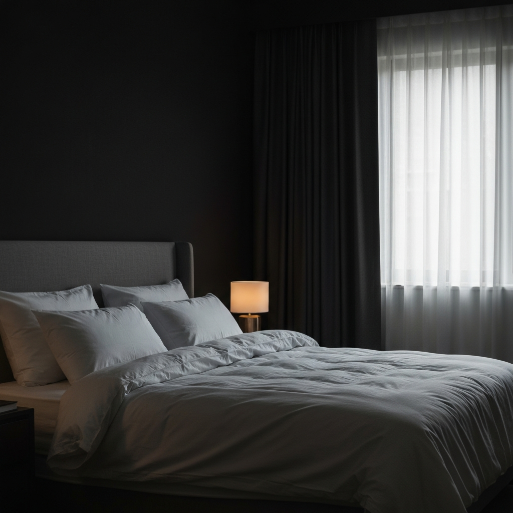 A softly lit bedroom with blackout curtains partially drawn, showcasing a comfortable bed with plush pillows and a thick duvet. A bedside table features a dim, warm-toned lamp.