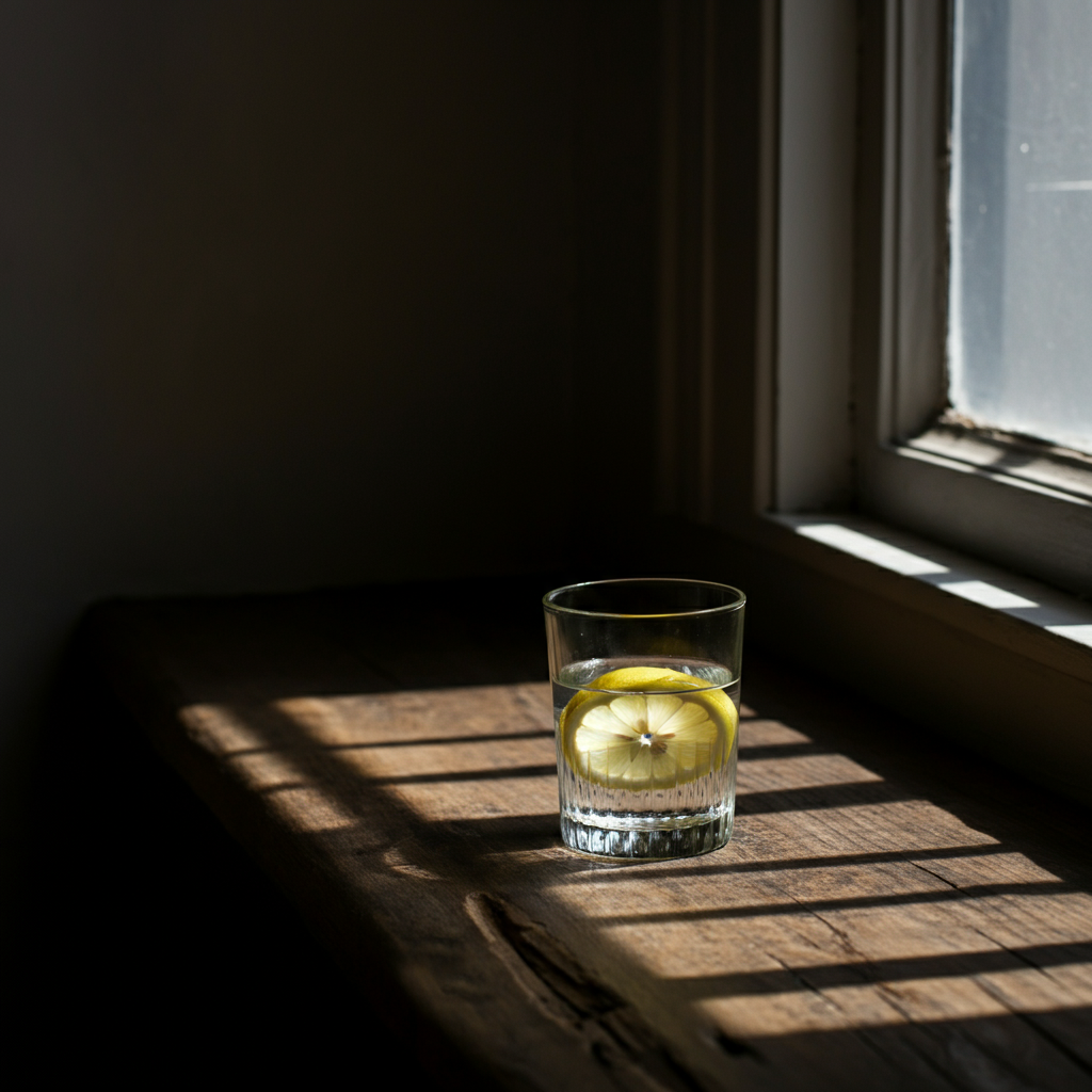 A clear glass of water with a lemon wedge, placed on a rustic wooden surface. Natural light streams in from a nearby window, highlighting the condensation on the glass.