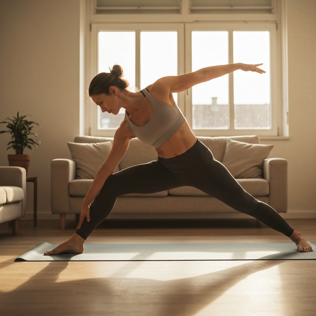A woman in athletic wear performing a gentle yoga stretch in a sunlit living room, with a yoga mat on the floor and soft focus background.