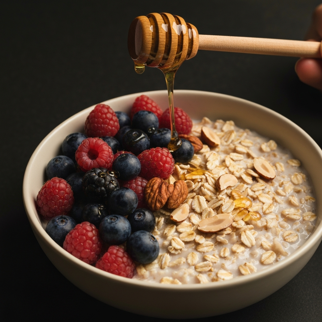 A close-up shot of a bowl of oatmeal topped with fresh berries, nuts, and a drizzle of honey. The lighting is warm and inviting, showcasing the textures and colors of the ingredients.