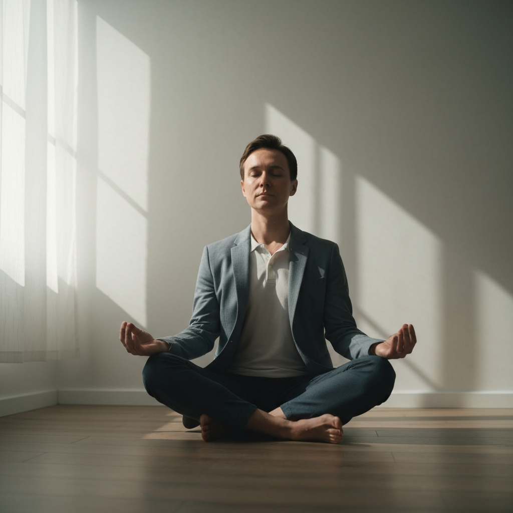 A person sitting in a comfortable meditation posture in a quiet, minimalist room. Soft, diffused light filters in through a window, creating a peaceful and serene atmosphere.