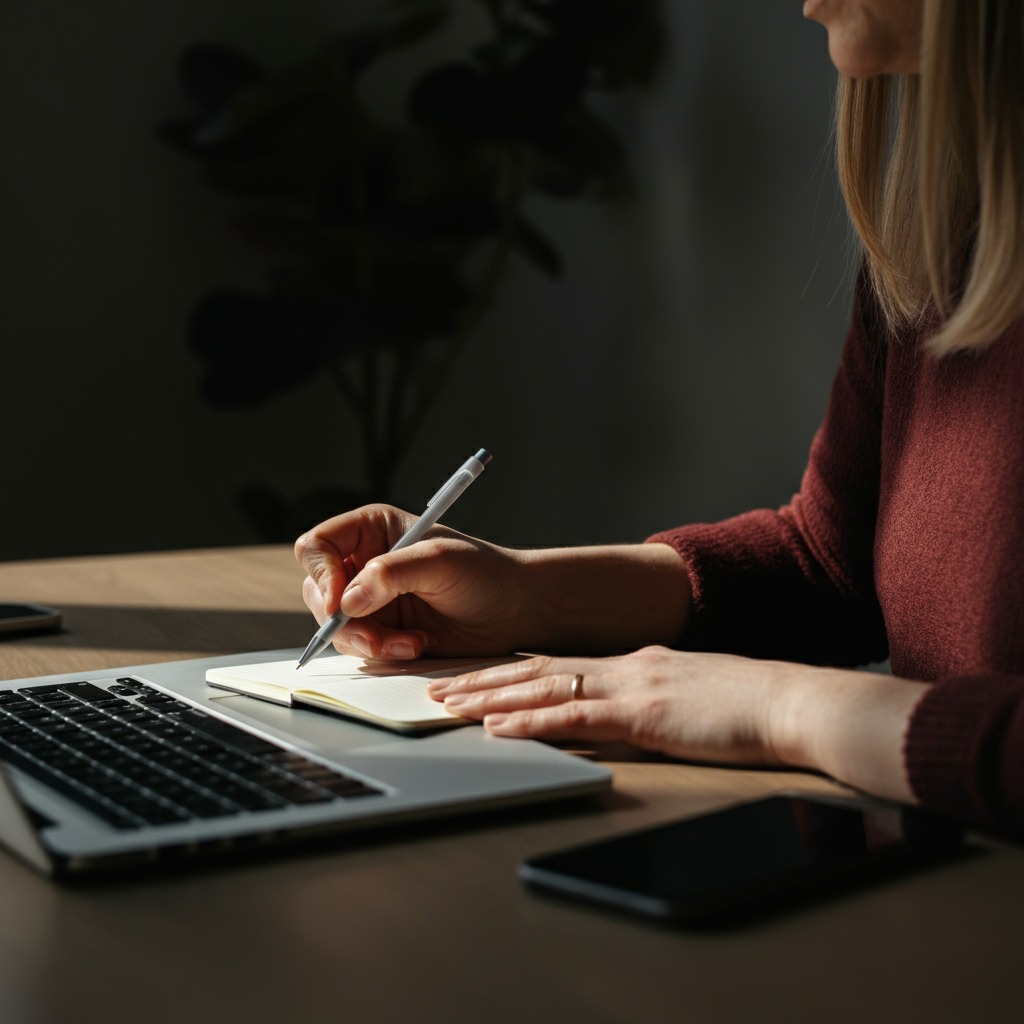 A person sitting at a desk with a notepad and pen, thoughtfully planning their day. The desk is tidy and organized, with a laptop and a cup of coffee nearby. Natural light illuminates the workspace.