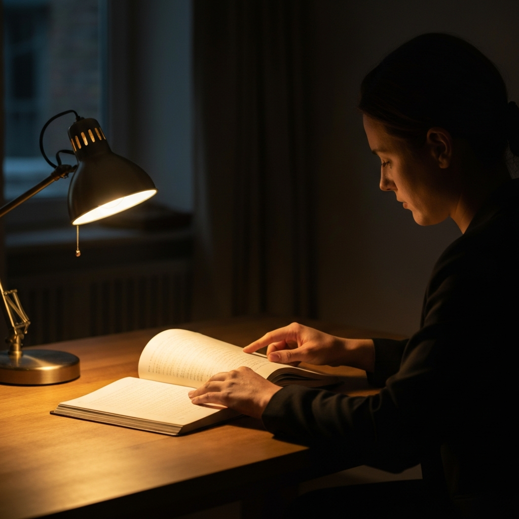 A softly lit study. A person with neat hair sits at a wooden desk, hand poised above an open journal. A warm lamp casts a glow on the page, highlighting the texture of the paper.