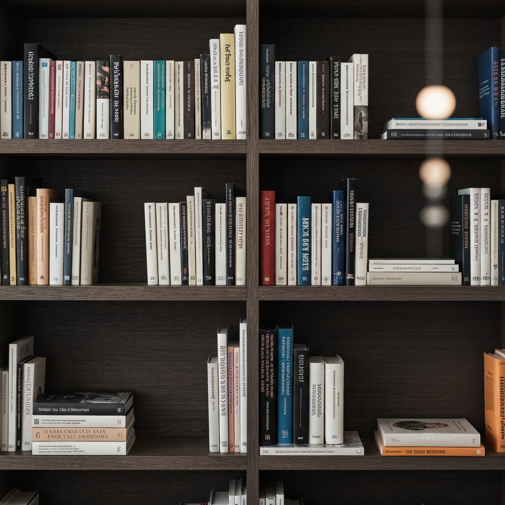 A well-organized bookshelf filled with various titles on philosophy, psychology, and classic literature. The shelves are made of dark wood with a subtle grain. Soft bokeh in the background.