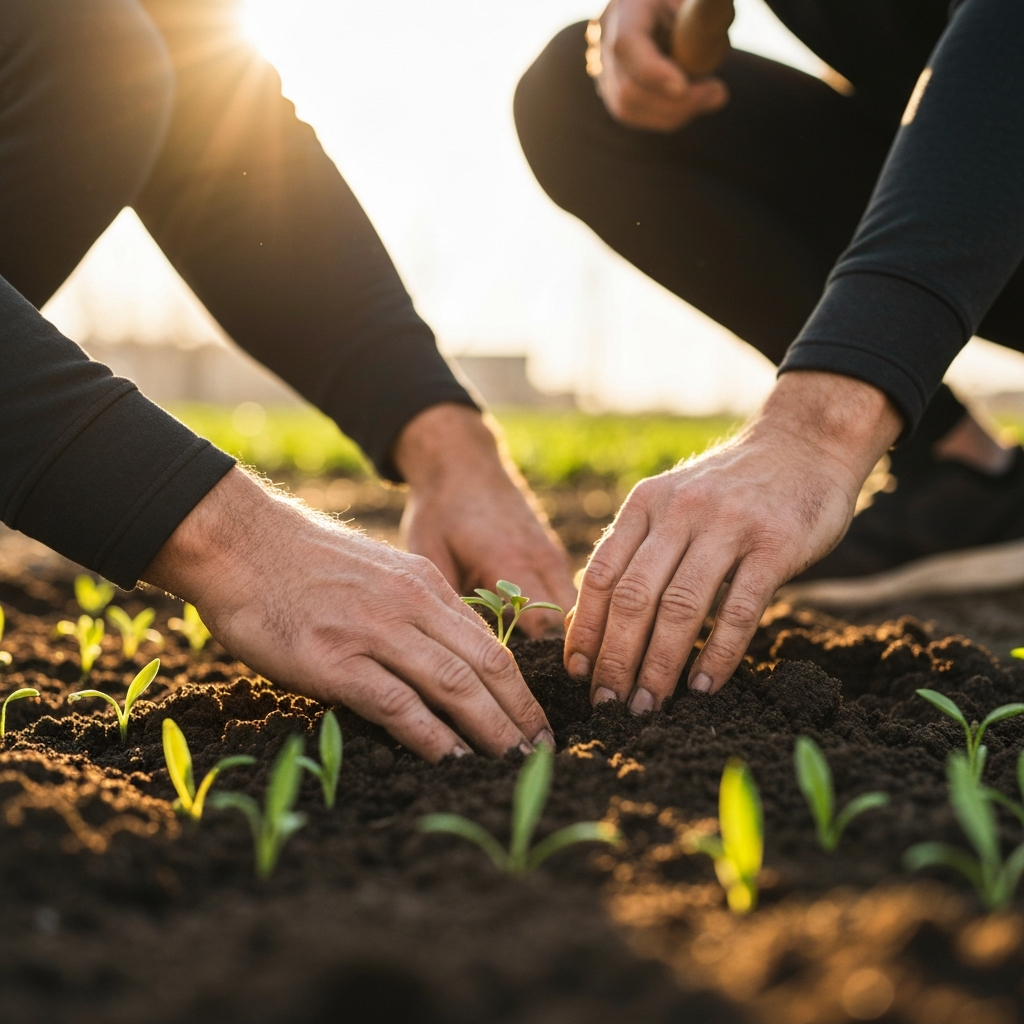 Hands planting seedlings in a community garden. The sunlight is warm and diffused, highlighting the rich soil and the green shoots of the plants. The hands are strong and weathered, indicating experience.