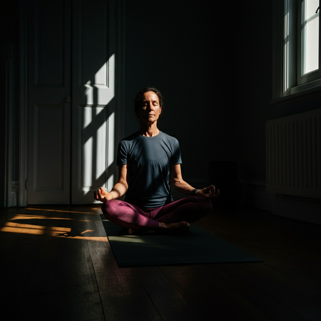 A person practices yoga in a sunlit room. The person is centered and balanced. Soft morning light streams through the window, casting long shadows.