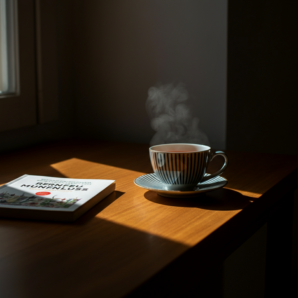 A cup of herbal tea steaming gently on a wooden table next to a book about mindfulness. Soft, natural light illuminates the scene, creating a sense of calm and peace.