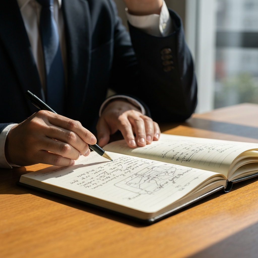 A travel journal lying open on a wooden table, sunlight streaming through a window highlighting handwritten notes and sketched maps. Soft focus on the background.