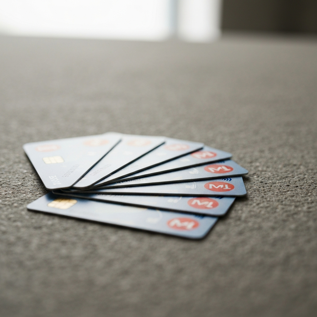 A close-up shot of several travel credit cards fanned out on a textured surface. Shallow depth of field emphasizes the logos and intricate designs.