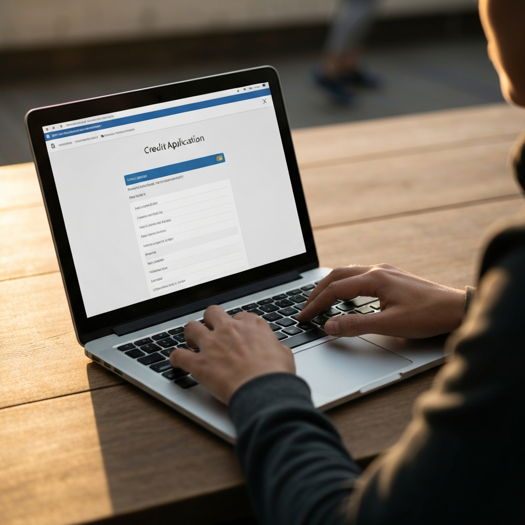 A person's hands using a laptop, the screen displaying a credit card application form. Soft, diffused lighting creates a professional and trustworthy feel.