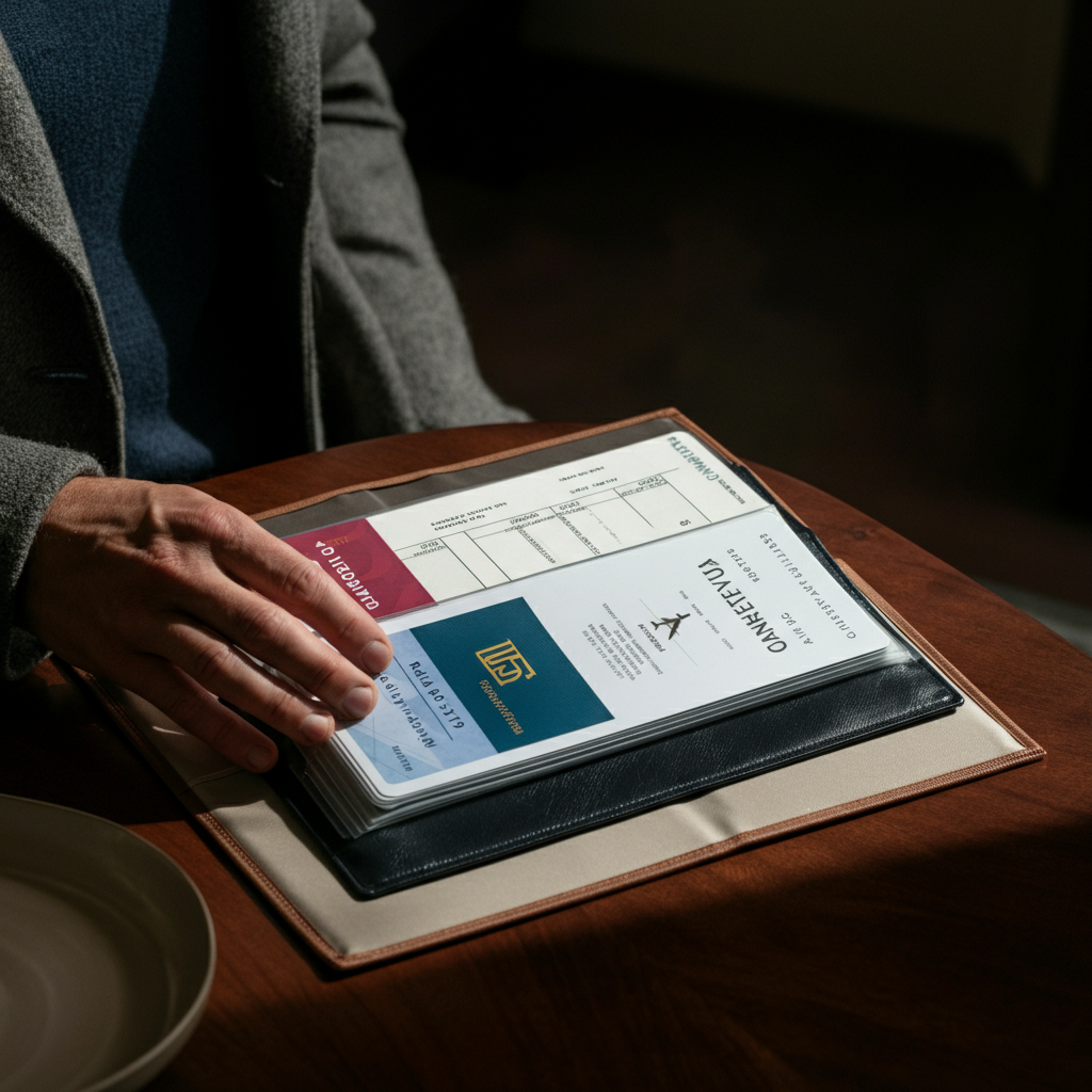 A well-organized travel binder containing loyalty program cards and itineraries. Natural light highlights the texture of the binder and its contents.