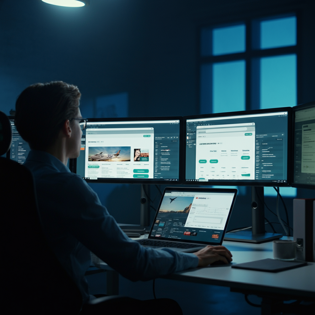 A person sitting at a desk with multiple monitors displaying flight booking websites. The scene is brightly lit with a focus on the data displayed on the screens.