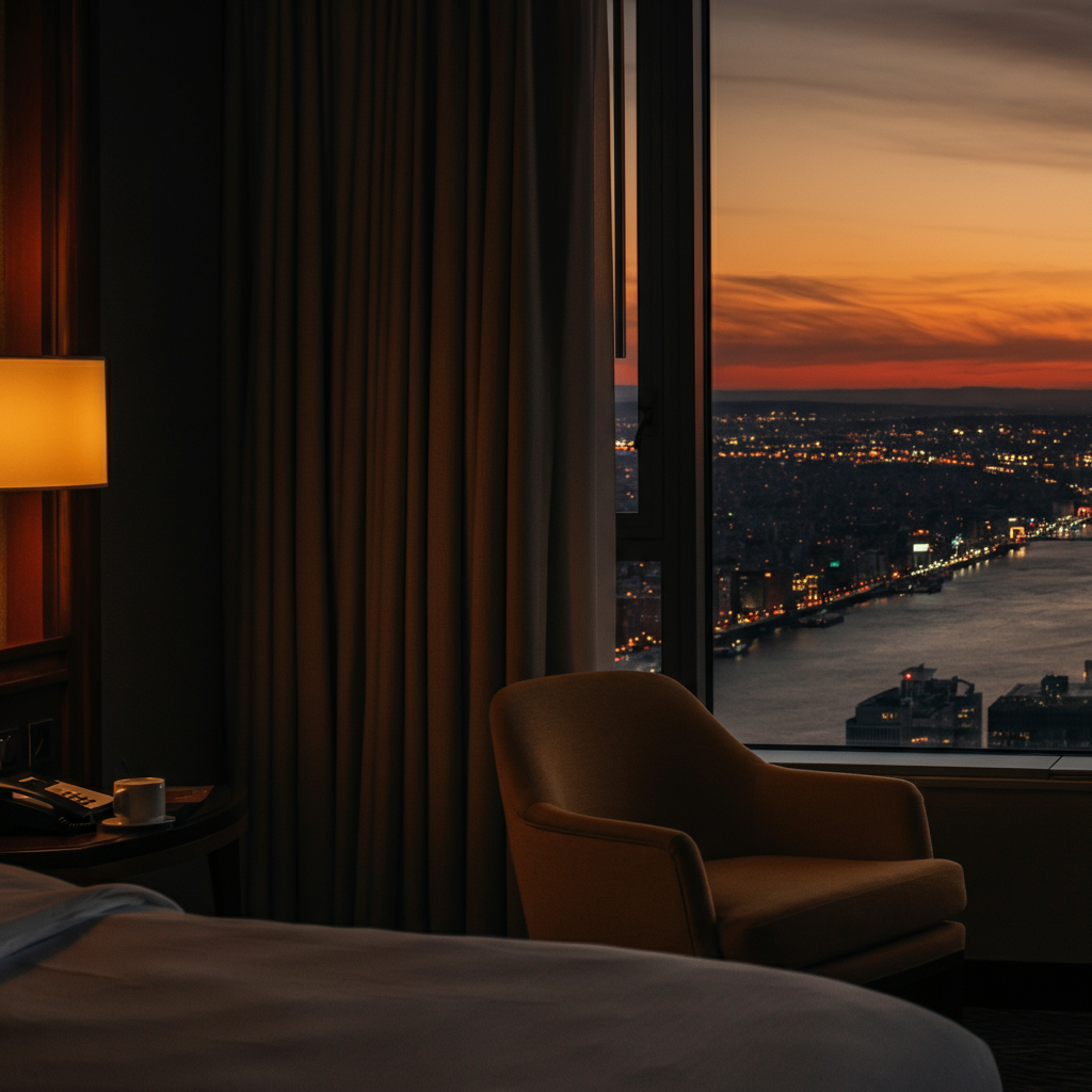 A luxurious hotel room with a view of a city skyline at dusk. Soft, warm lighting creates a relaxing and inviting atmosphere.