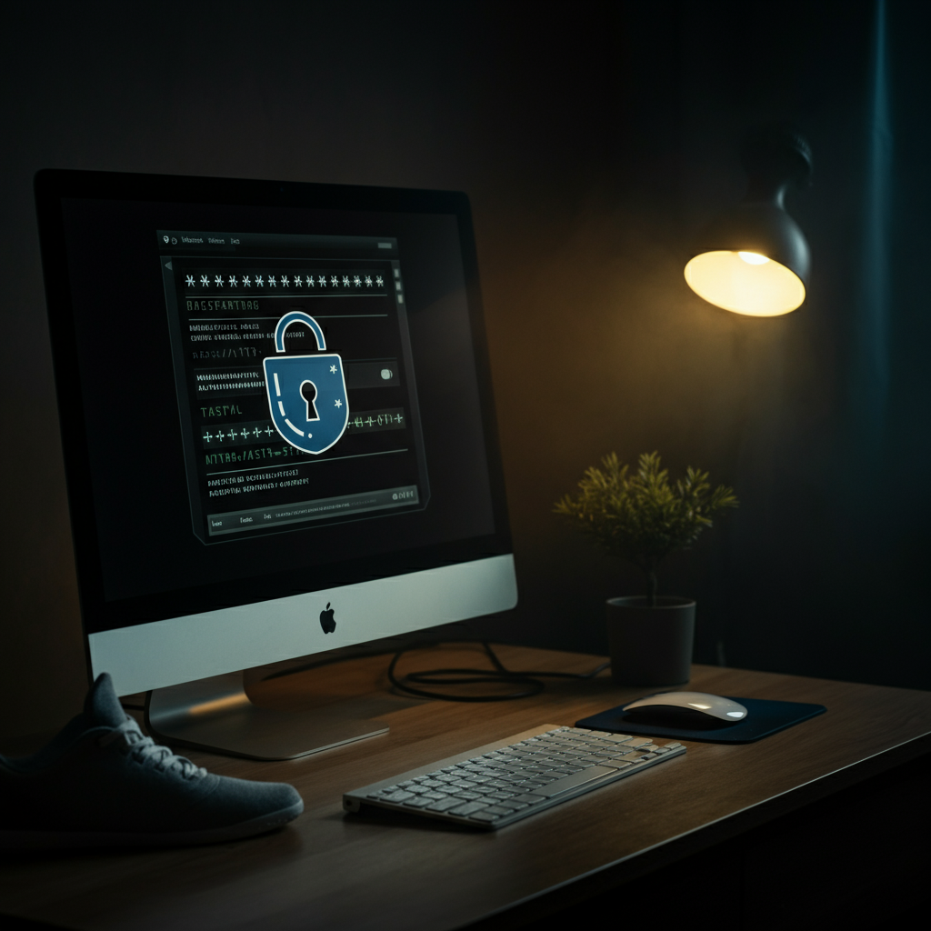 A dimly lit room with a computer screen displaying a complex password. A padlock icon glows faintly in the foreground, symbolizing digital security. The lighting is moody and focused.