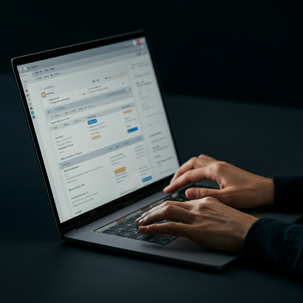 A person's hands typing on a laptop keyboard, with an email inbox visible on the screen. The inbox is clean and organized with labeled folders. Soft, warm lighting illuminates the hands and keyboard.