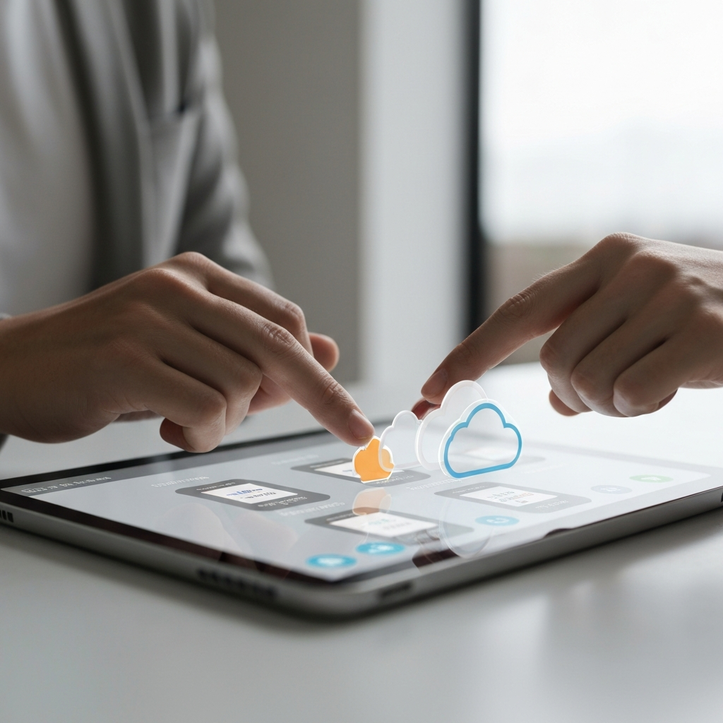 A person organizing files in a visually appealing cloud storage interface on a tablet. Fingers are actively dragging and dropping files. Focus is sharp, with the background slightly blurred.