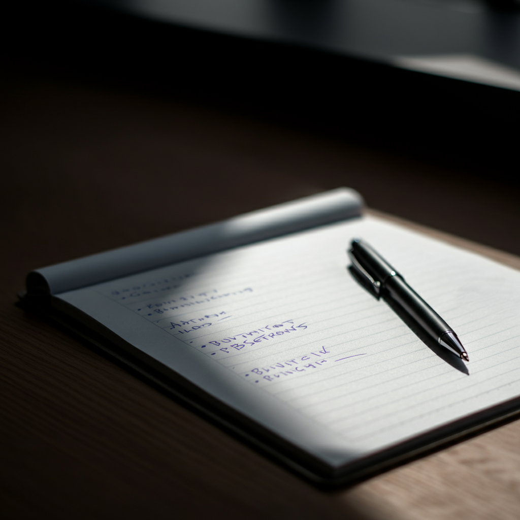 Close-up shot of a notepad and pen on a wooden desk. The notepad contains bullet points outlining a presentation, written in a clear, legible handwriting. Soft, diffused light highlights the paper's texture.