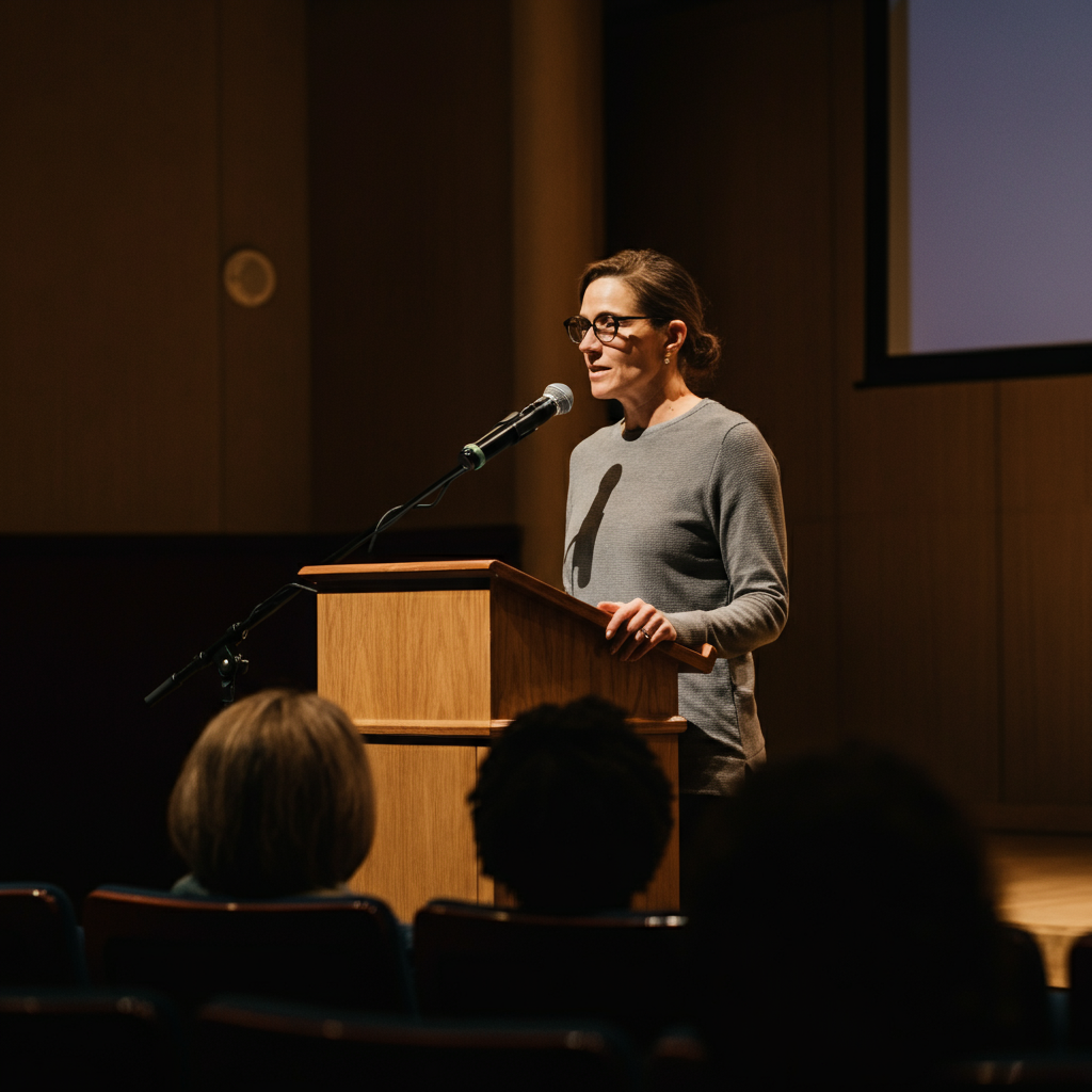 A person standing at a lectern in a well-lit auditorium, addressing an audience. Their posture is confident, and they are making direct eye contact with someone in the front row. Soft bokeh in the background.