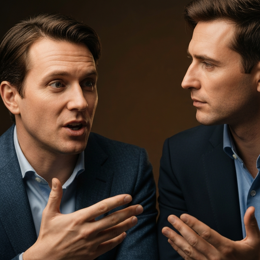 A close-up of two people engaged in a conversation. One person is speaking animatedly, while the other is listening intently, nodding and maintaining eye contact. The lighting is warm and inviting, highlighting the textures of their clothing.