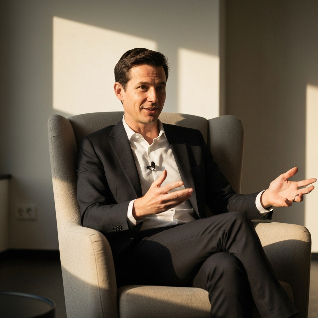 A person sitting in a comfortable armchair, illuminated by soft, golden hour lighting. They are gesturing with their hands as if telling a story, their expression warm and engaging. The background is blurred, emphasizing the storyteller.