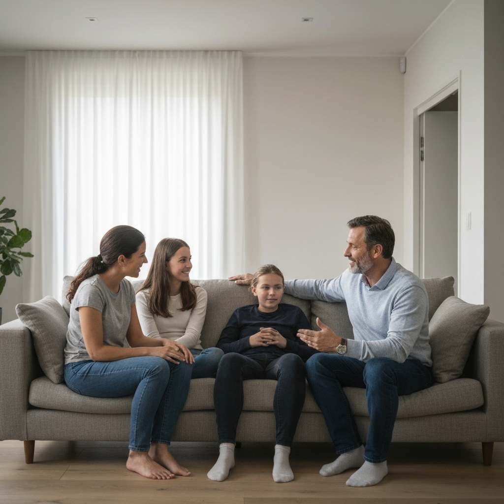 A family of four is sitting comfortably on a plush sofa in their living room. The room is warmly lit with soft, diffused light. The father is actively listening to his teenage daughter, while the mother smiles encouragingly.