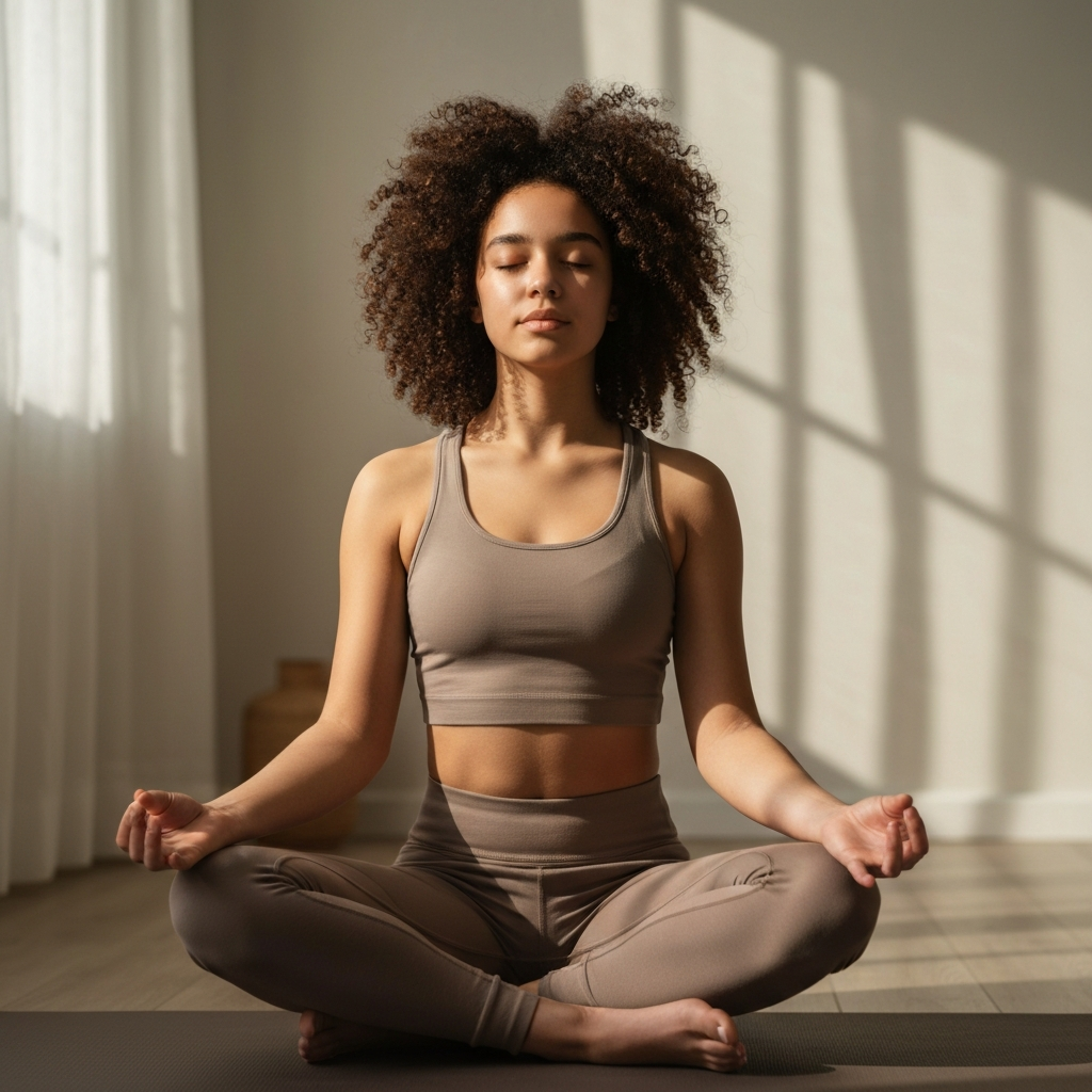 A teenage girl sits cross-legged on a yoga mat in a softly lit room, eyes closed in meditation. Natural light filters through a sheer curtain, creating a calming atmosphere.
