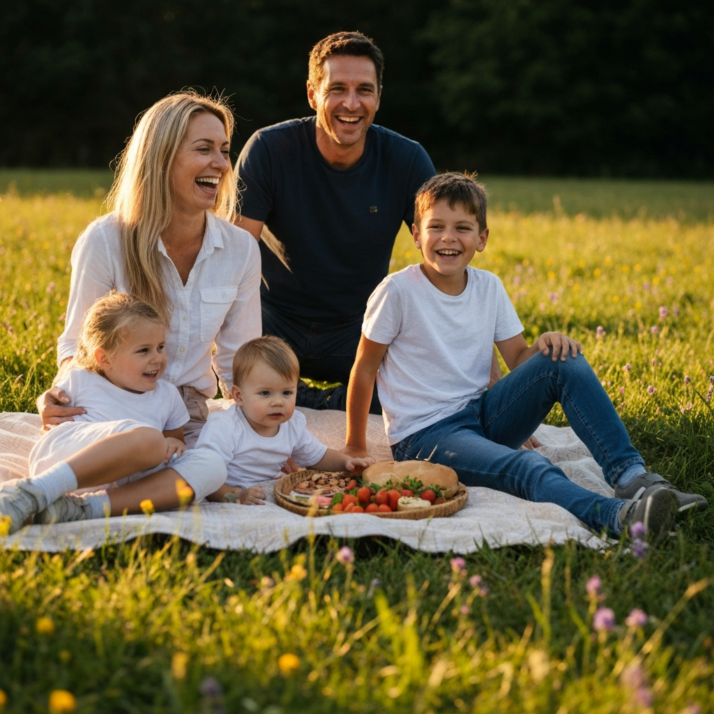 A family having a picnic in a sunny meadow. They are laughing and enjoying each other's company. The scene is brightly lit, showcasing the vibrant colors of the flowers and grass.
