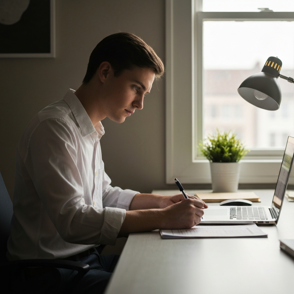 A young adult sitting at a desk, illuminated by the soft glow of a laptop screen, meticulously filling out a budget spreadsheet. The room is tidy and modern, with a small potted plant on the desk. Natural light streams through a nearby window, casting a warm, diffused glow.