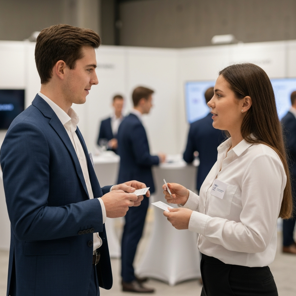 Two young professionals, one male and one female, dressed in business casual attire, are engaged in a conversation at a networking event. Soft, ambient lighting illuminates their faces as they exchange business cards. A blurred background showcases other attendees and display booths, creating depth of field.