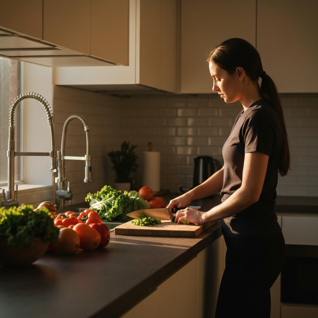 A modern kitchen bathed in the warm light of late afternoon. A young woman stands at the counter, chopping vegetables with a sharp knife. The countertop is clean and uncluttered, with a wooden cutting board as the focal point. The lighting highlights the vibrant colors and textures of the fresh produce.