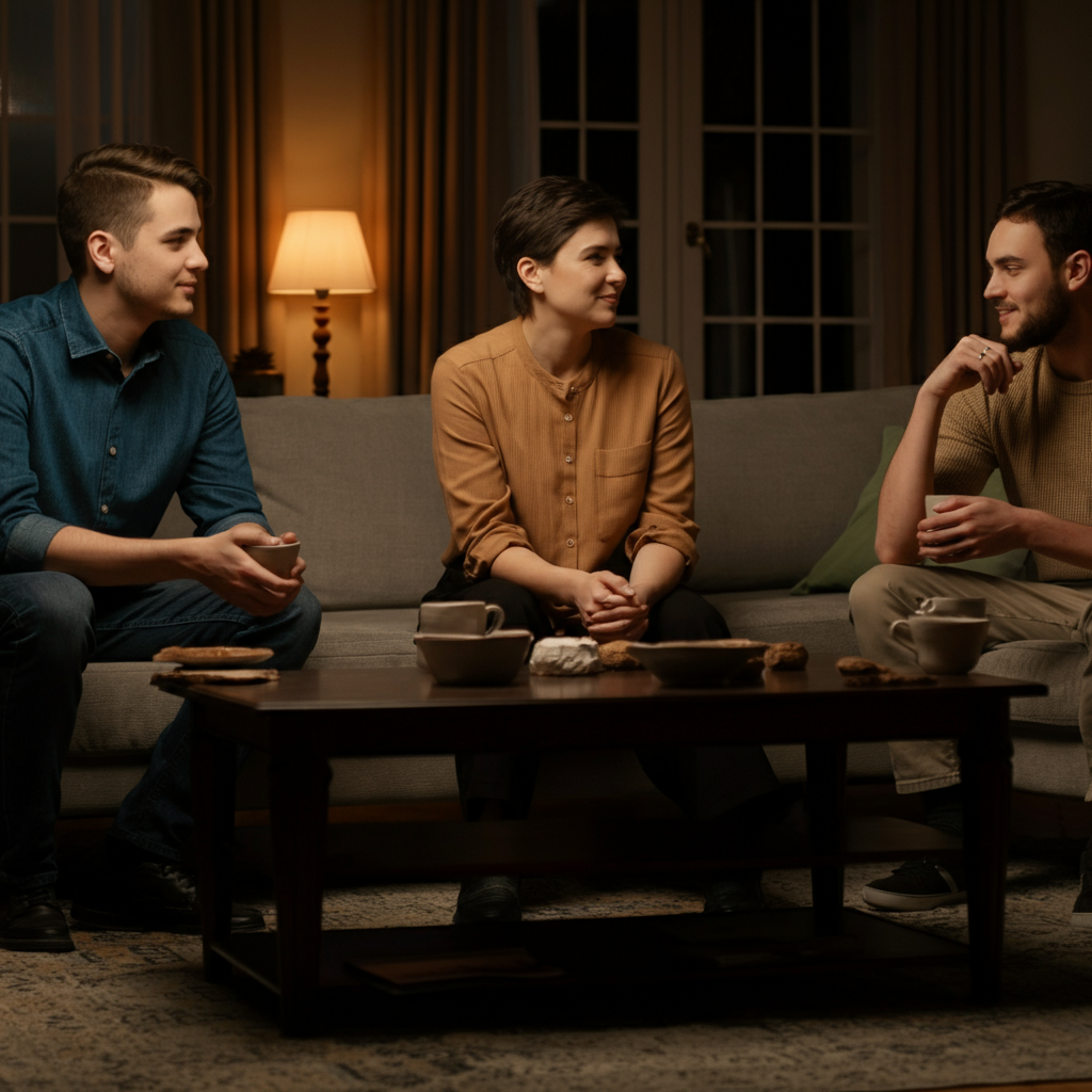 Three young adults sitting around a coffee table in a cozy living room, engaged in a lively conversation. Soft, warm lighting creates a comfortable atmosphere. The textures of the furniture and the genuine smiles on their faces emphasize the warmth and authenticity of the connection.