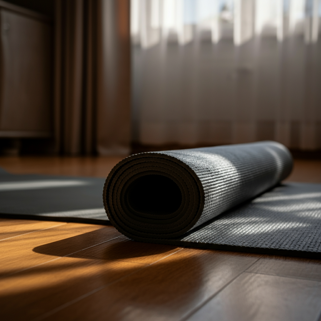 A yoga mat rolled out on a hardwood floor in a sunlit room. Soft, diffused light filters through sheer curtains, creating a calming and serene atmosphere. The focus is on the texture of the mat and the sense of peacefulness conveyed by the setting.