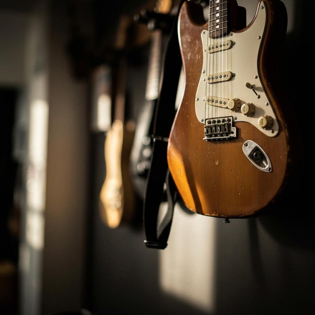 Close-up shot of a used electric guitar hanging on a pawn shop wall. Soft bokeh in the background, highlighting the guitar's worn finish and character. Warm, natural light.