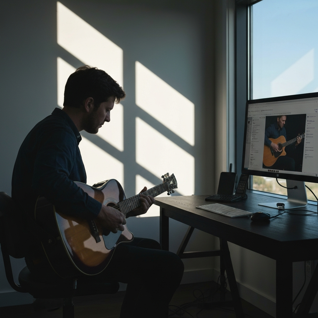 A musician practicing guitar in a sun-drenched room. The musician is focused, with sunlight casting long shadows. A computer screen with a guitar lesson displayed is visible in the background.