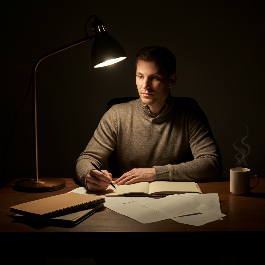 A songwriter sitting at a desk, bathed in the warm glow of a desk lamp. Notebooks and papers are scattered around, suggesting a creative process. A cup of coffee steams gently nearby.