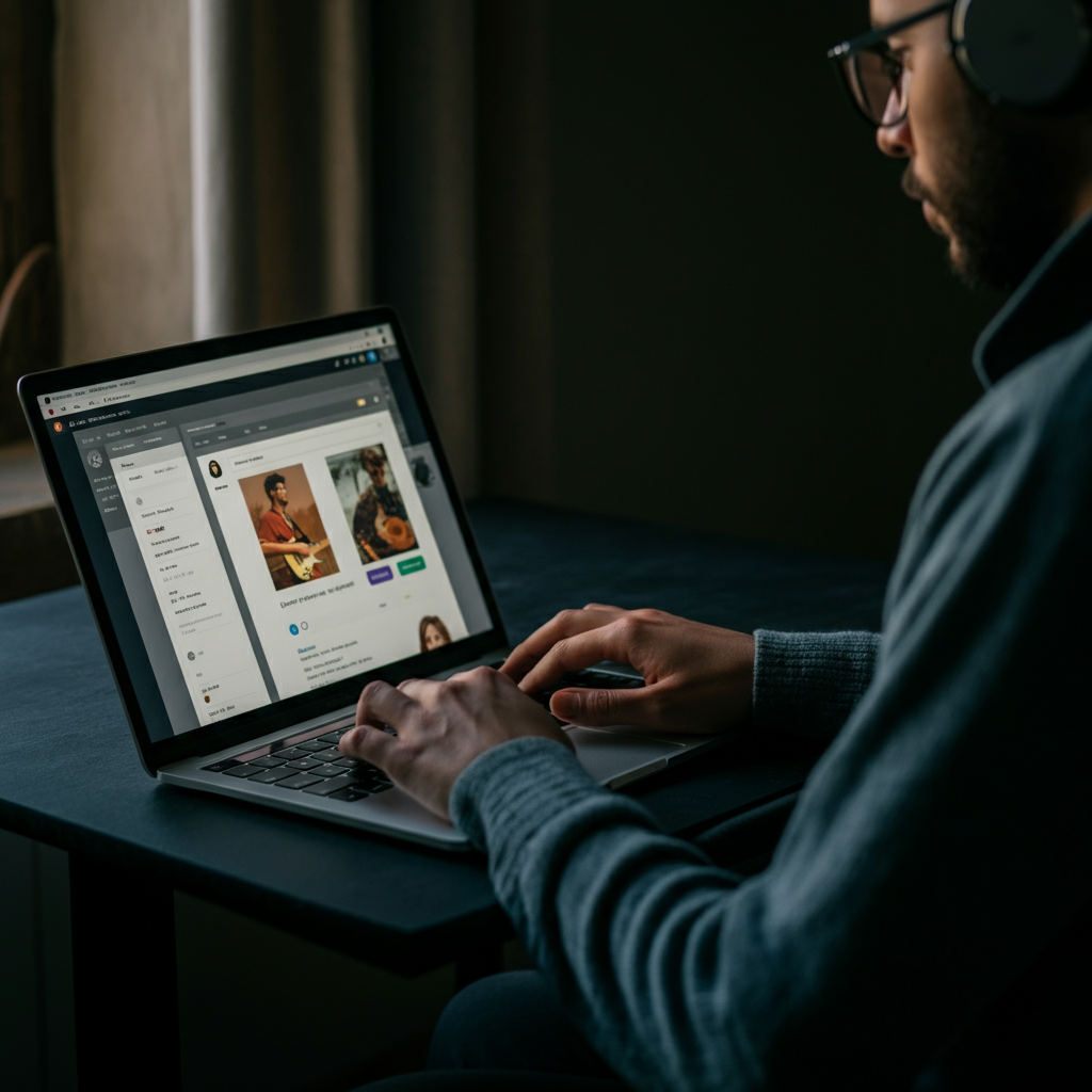 A musician using a laptop to manage their social media accounts. The screen displays a well-designed profile page with engaging content. Soft, natural light from a nearby window.