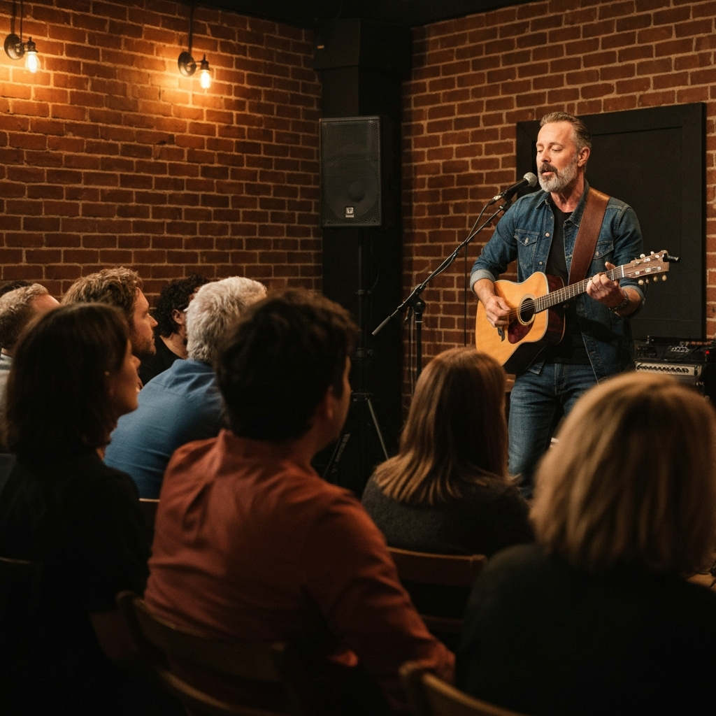 A musician performing on a small stage at a dimly lit coffee shop. The audience is attentive and engaged. The scene is captured with a slightly grainy, documentary-style aesthetic.