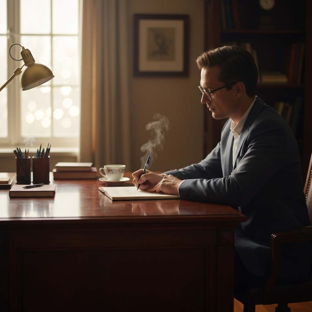 A warmly lit study with a mahogany desk. A person with glasses is thoughtfully sketching in a notebook, a cup of steaming tea beside them. Soft bokeh from a nearby window creates a relaxed atmosphere.