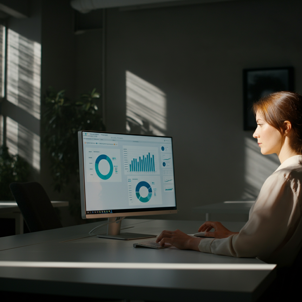 A brightly lit office space. A woman is intently looking at a computer screen displaying charts and graphs. Natural light floods the room. Her face is focused and determined.