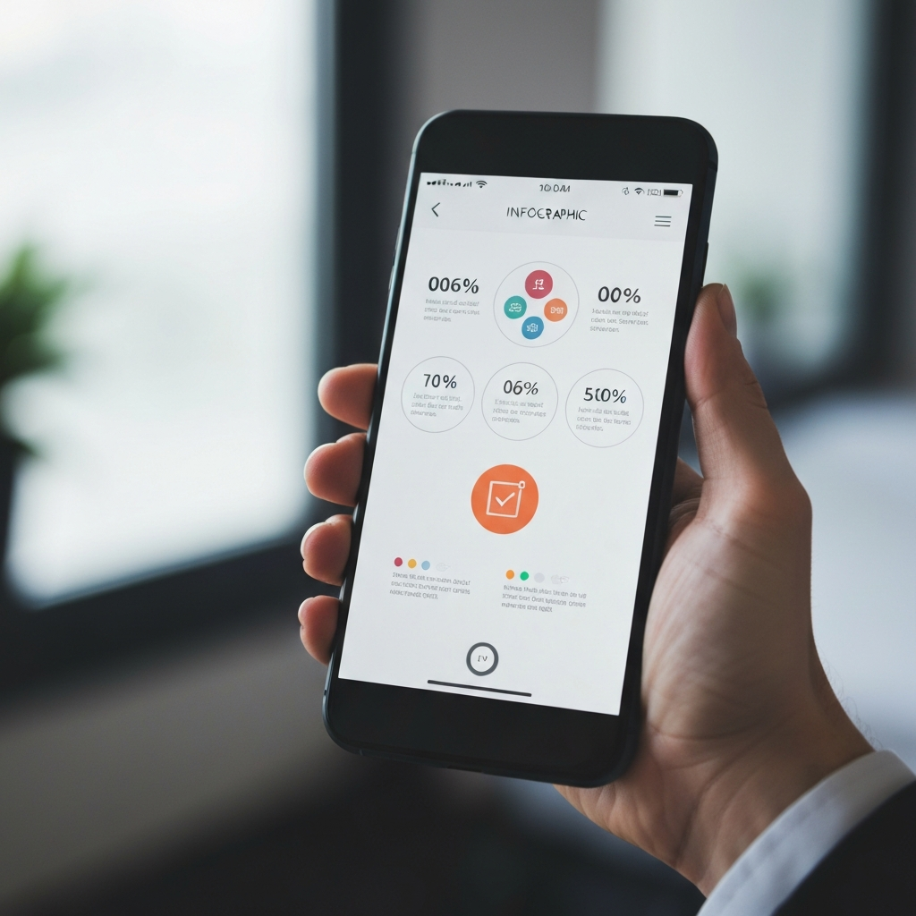 A hand holding a smartphone displaying a visually appealing infographic. The background is slightly blurred, drawing focus to the screen. Soft, diffused light enhances the colors.